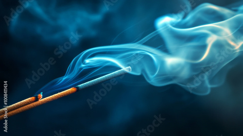 This bright image captures incense burning with delicate smoke patterns rising in natural light. The sharp focus on the incense contrasts with the blurred background, crafted with AI generative.