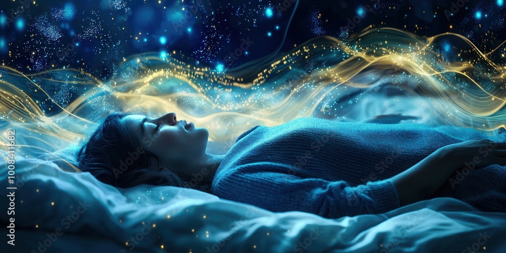 Obraz premium A person peacefully sleeping amidst a dreamy, star-filled background.