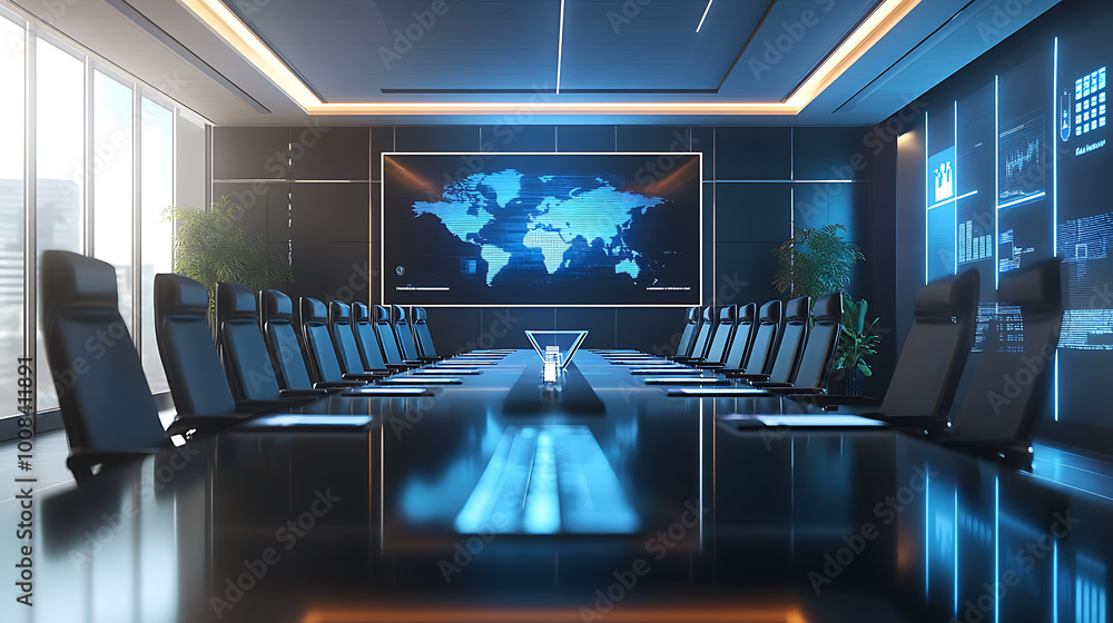 Description: A corporate meeting room with digital screens showing cloud-based systems and data integration, as business leaders discuss the company's digital transformation strategy. Description: A corporate meeting room with digital screens showing cloud-based systems and data integration, as business leaders discuss the company's digital transformation strategy.