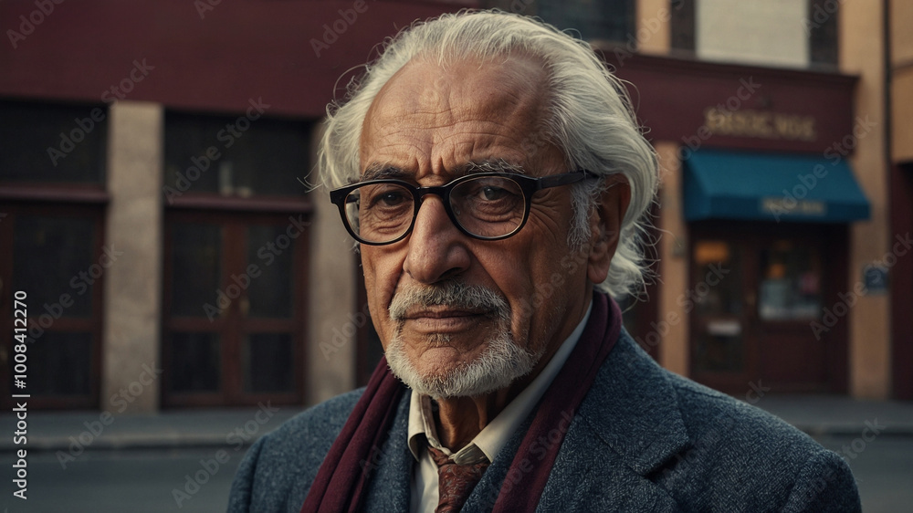 Elderly Caucasian man with long gray hair and beard, wearing glasses and red sweater, sitting in front of bookshelf Elderly Caucasian man with long gray hair and beard, wearing glasses and red sweater, sitting in front of bookshelf