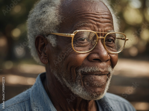 Elderly African American man with gray hair and beard, wearing glasses and blue shirt, smiling warmly