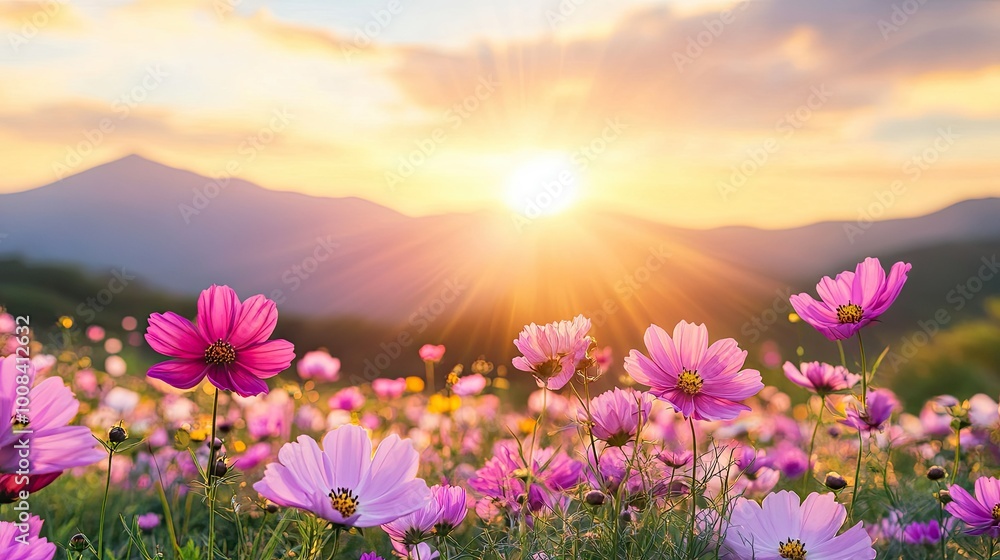 A colorful field of cosmos flowers at sunset, with mountain peaks in the distance and golden rays illuminating the blooms, creating a stunning natural scene. A colorful field of cosmos flowers at sunset, with mountain peaks in the distance and golden rays illuminating the blooms, creating a stunning natural scene.