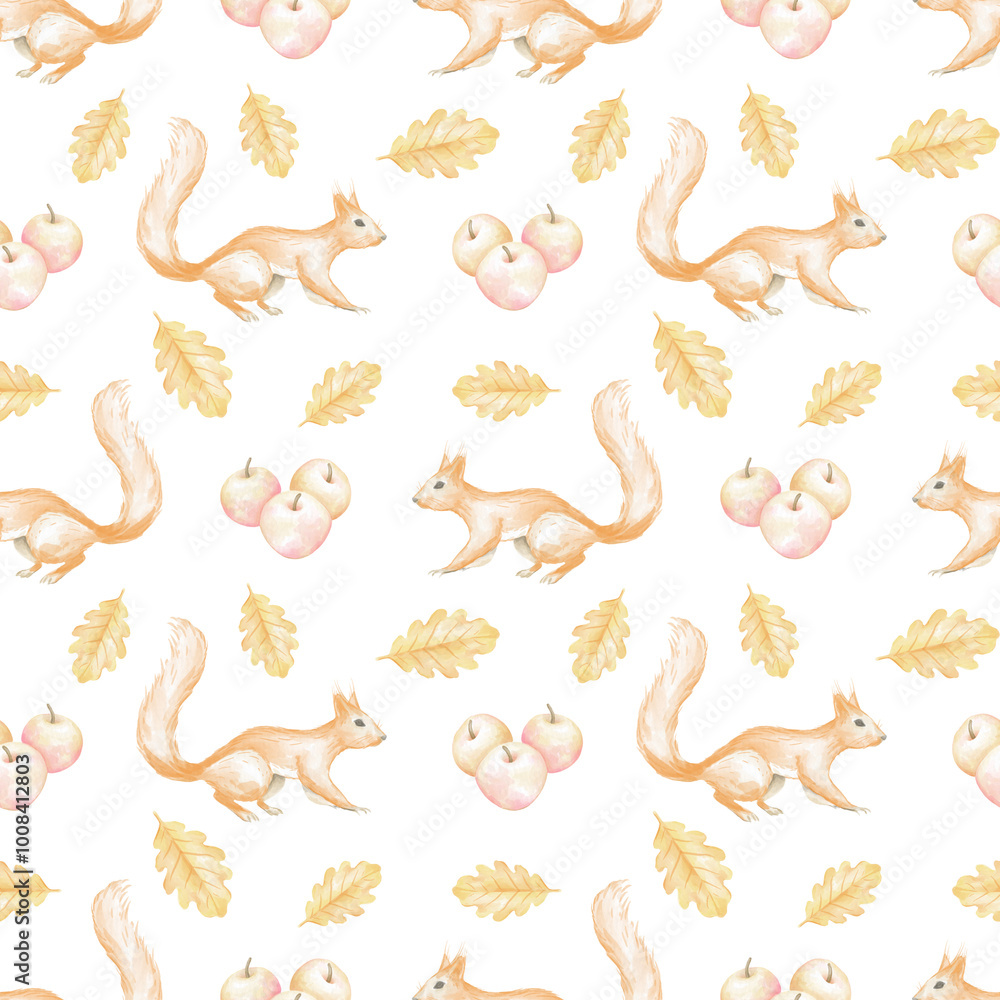 Squirrels, apples, oak leaves. Watercolor seamless pattern on white background for textile and wrapping paper. Cute autumn illustration Squirrels, apples, oak leaves. Watercolor seamless pattern on white background for textile and wrapping paper. Cute autumn illustration