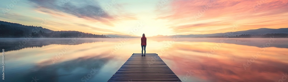 Fototapeta premium A serene sunset over a calm lake, with a figure standing on a pier, reflecting tranquility and solitude in nature.