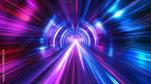 Vibrant neon tunnel with dynamic light streaks, creating a sense of futuristic motion and speed in bright colors.