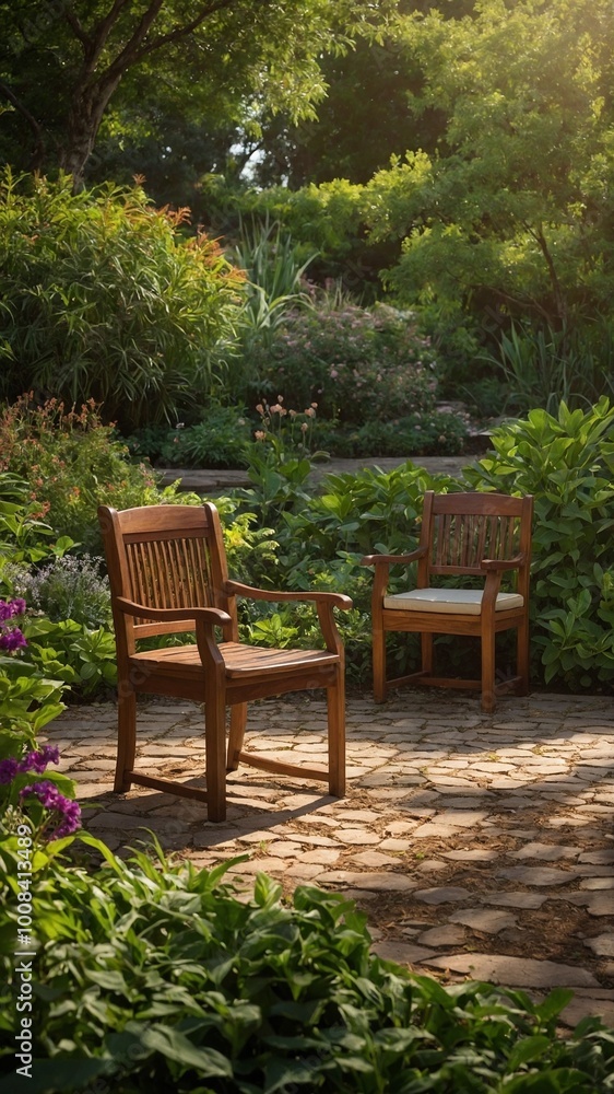 Two wooden chairs in lush, colorful garden with various plants, flowers, and stone path Two wooden chairs in lush, colorful garden with various plants, flowers, and stone path