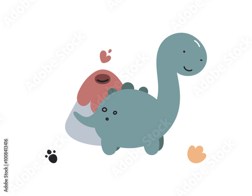 Print with cute dinosaur. Diplodocus. Childish cartoon flat vector illustration. 