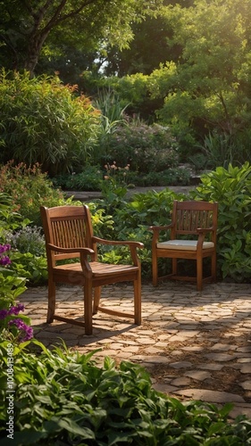 Two wooden chairs in lush, colorful garden with various plants, flowers, and stone path