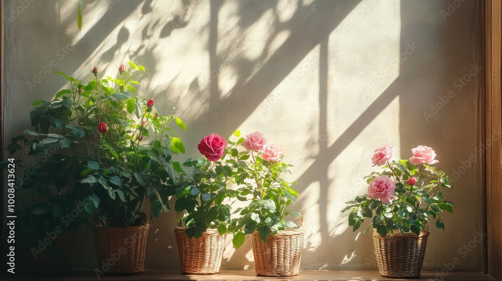 A cozy nook with potted roses in wicker baskets, the sunlight creating a serene backdrop as the plants flourish indoors. The perfect home gardening scene. A cozy nook with potted roses in wicker baskets, the sunlight creating a serene backdrop as the plants flourish indoors. The perfect home gardening scene.