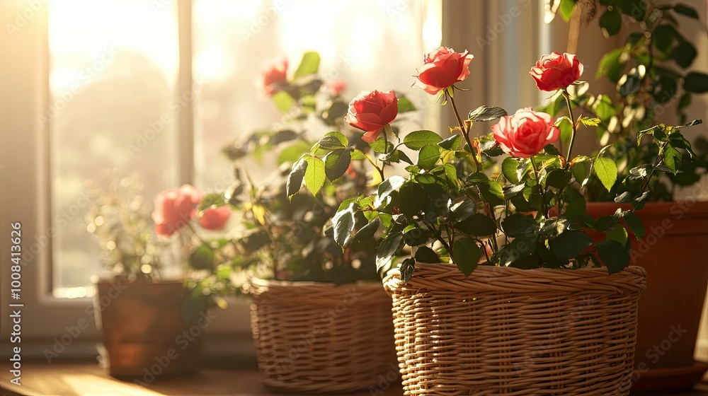 A cozy nook with potted roses in wicker baskets, the sunlight creating a serene backdrop as the plants flourish indoors. The perfect home gardening scene. A cozy nook with potted roses in wicker baskets, the sunlight creating a serene backdrop as the plants flourish indoors. The perfect home gardening scene.