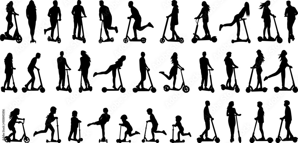 set of people on scooters silhouette on white background, vector set of people on scooters silhouette on white background, vector