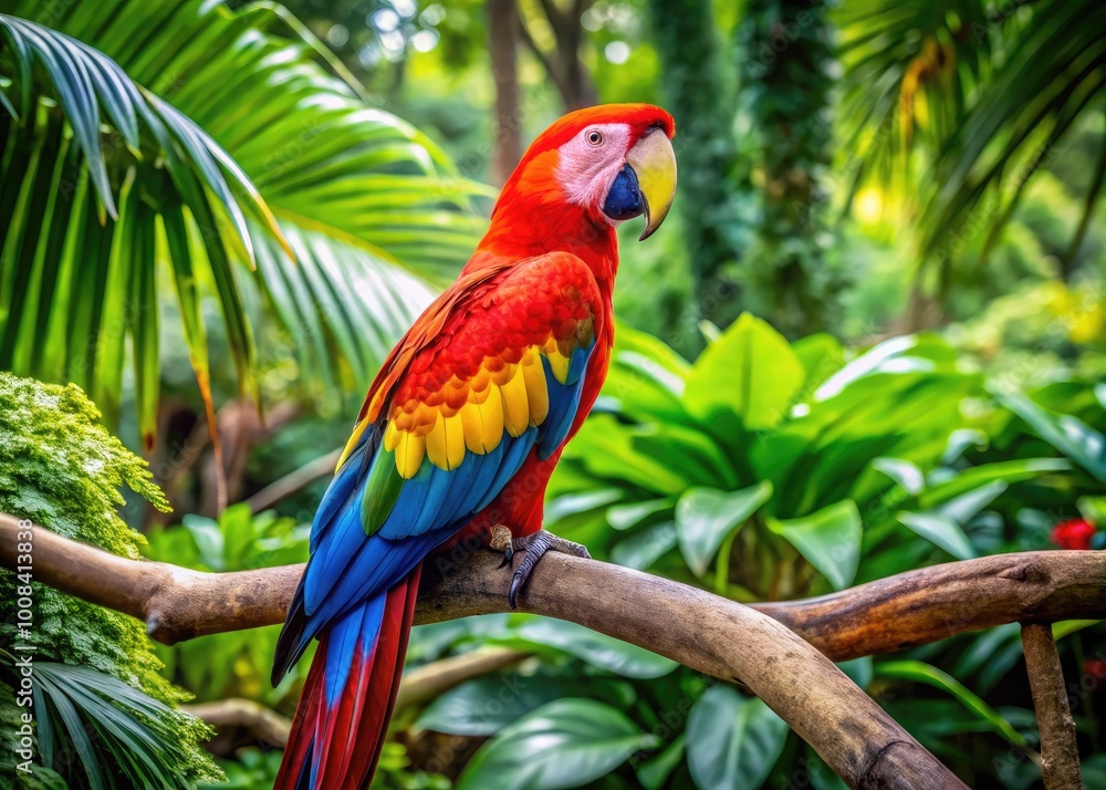 Colorful Macaw Parrot Perched on a Branch in a Lush Tropical Environment with Vibrant Greenery Colorful Macaw Parrot Perched on a Branch in a Lush Tropical Environment with Vibrant Greenery