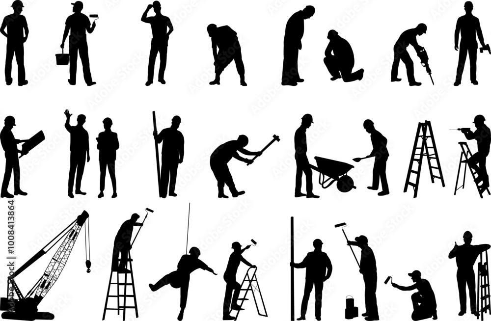 Obraz premium set of builders working silhouette on white background, vector