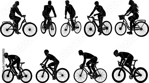 people on bicycles silhouette on white background, vector
