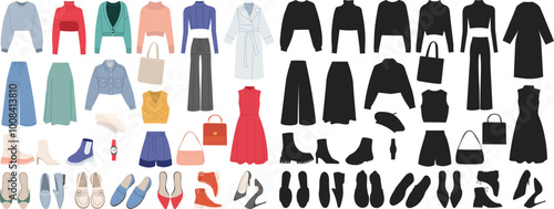 Set of women's fashion clothes for every day in flat style on white background, vector