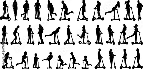 set of people on scooters silhouette on white background, vector