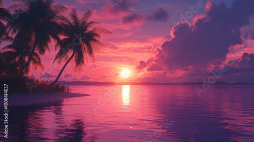 A breathtaking pink sunset brilliantly lights up a tranquil tropical scene, with soft hues reflecting on the water, evoking a serene and peaceful vibe.