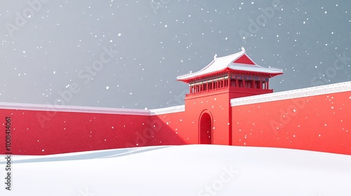 a red building with a red fence and a red fence with a snowflakes falling on it