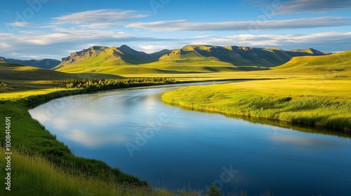 A winding river flows through a valley with green hills and a blue sky.