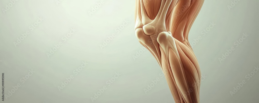 Detailed anatomical illustration of a leg showcasing the muscles and bones around the knee joint. Detailed anatomical illustration of a leg showcasing the muscles and bones around the knee joint.