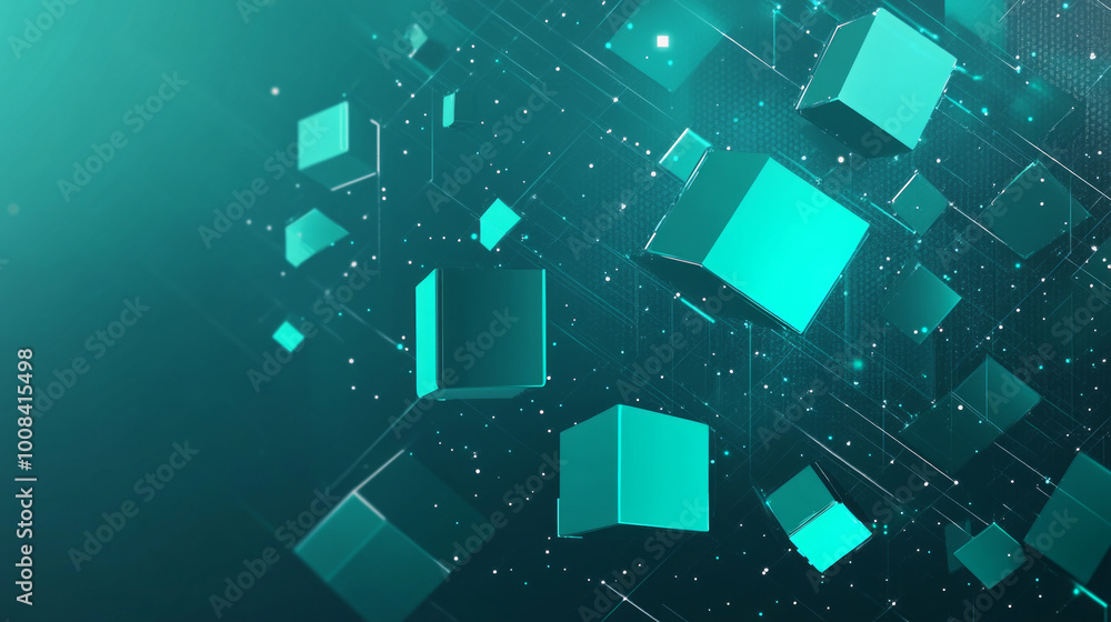 A modern teal gradient background with futuristic boxes symbolizes innovation in sports technology. The sleek design, with blockchain and cyberpunk elements A modern teal gradient background with futuristic boxes symbolizes innovation in sports technology. The sleek design, with blockchain and cyberpunk elements