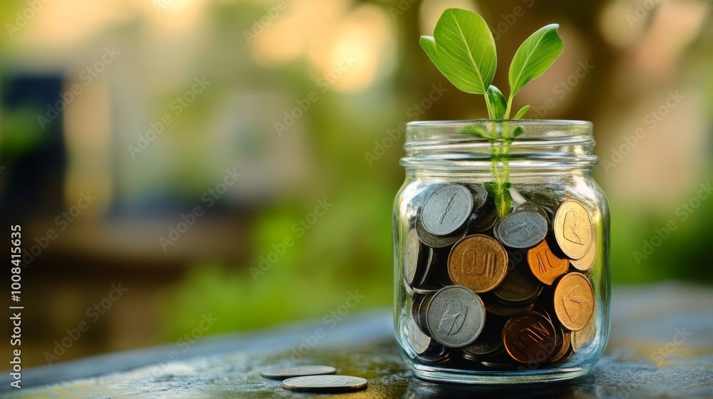 Growth of wealth with coins and green plant in jar Growth of wealth with coins and green plant in jar
