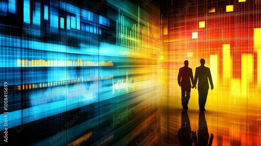 Business Partners Walking in Data Visualization Scene Business Partners Walking in Data Visualization Scene