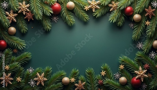mockup with coniferous branches New Year mockup top view on green bacground - Image