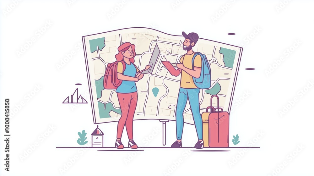 Obraz premium Travel agency web concept. Operator helps client to choose tourist tour at map scene. Banner template with flat line characters design. Vector illustration for social media promotional materials