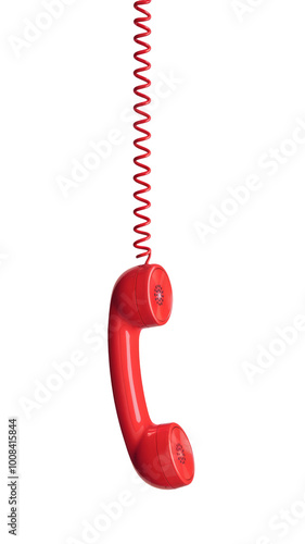 Red vintage phone receiver with a cord hanging, isolated on transparent background, png file