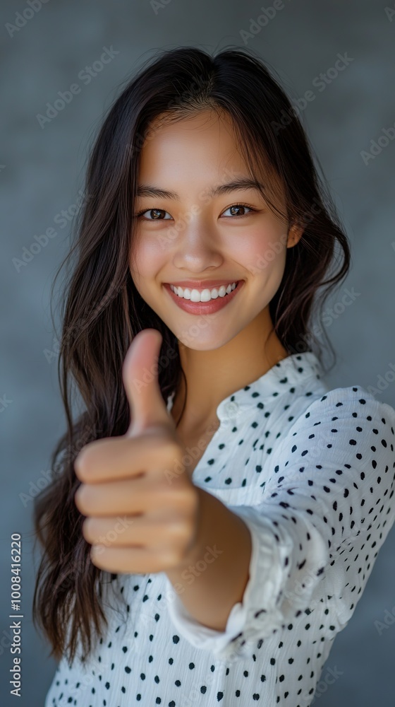 Portrait of young Asian woman confidently giving thumbs up on grey background. A sign symbolizing approval and success. Portrait of young Asian woman confidently giving thumbs up on grey background. A sign symbolizing approval and success.