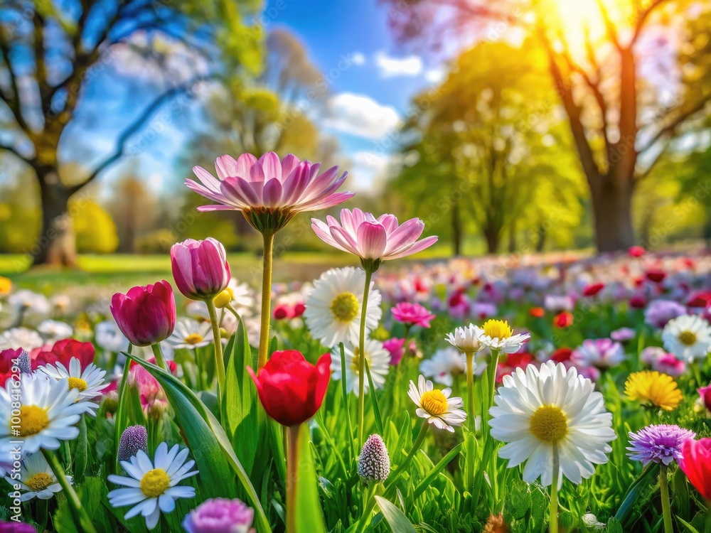 Colorful Spring Wallpaper with Blooming Flowers and Bright Green Grass for Fresh Home Decor Colorful Spring Wallpaper with Blooming Flowers and Bright Green Grass for Fresh Home Decor
