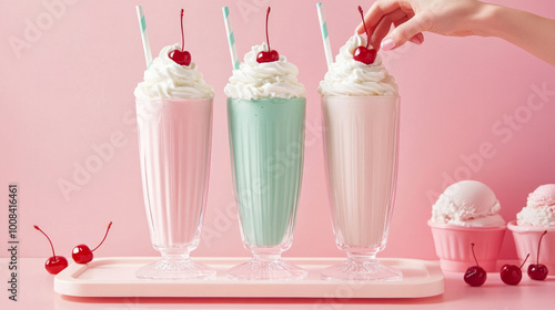 A hand picks a cherry from a milkshake in pastel glass cups on a red tray. Kawaii style and playful colors bring charm to this vintage ice cream-themed scene photo