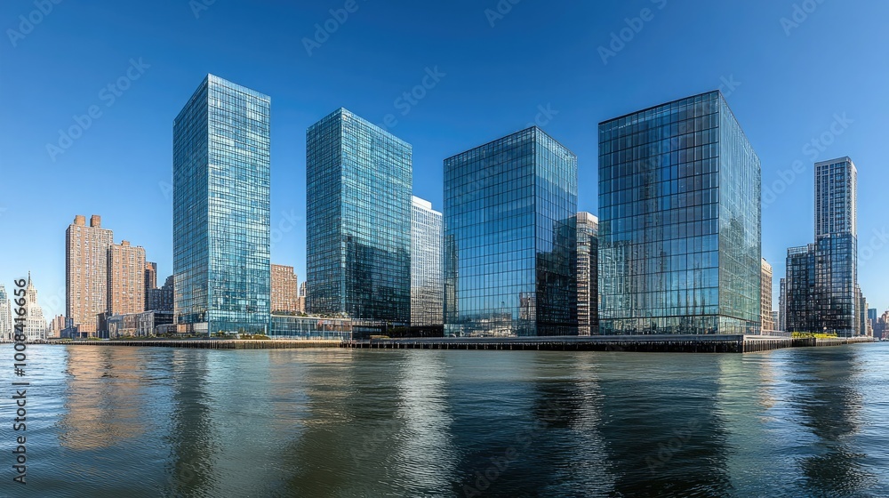 Obraz premium A panoramic skyline with glass buildings that reflect the ebb and flow of the tides at the waterfront