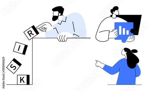Business-related drawing with three people analyzing and mitigating risk. One person drops blocks spelling Risk. Another person analyzes growth charts on a laptop. A third person points forward