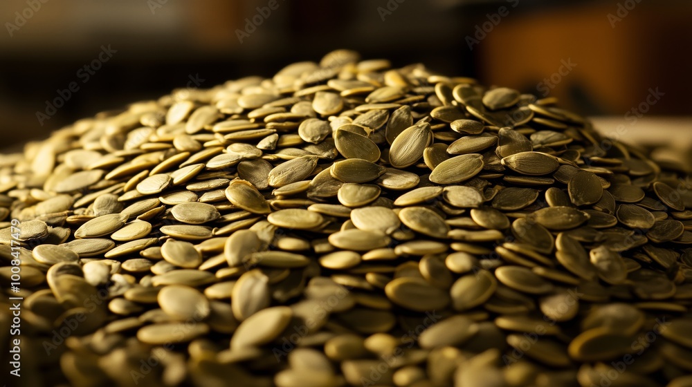 Obraz premium Close-up image of a pile of roasted pumpkin seeds, showcasing texture and detail in warm, golden lighting.