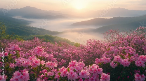 A field of pink azaleas on Hwangmaesan Mountain in the early morning, with sunlight breaking through the fog and distant mountain ranges framing the scene.