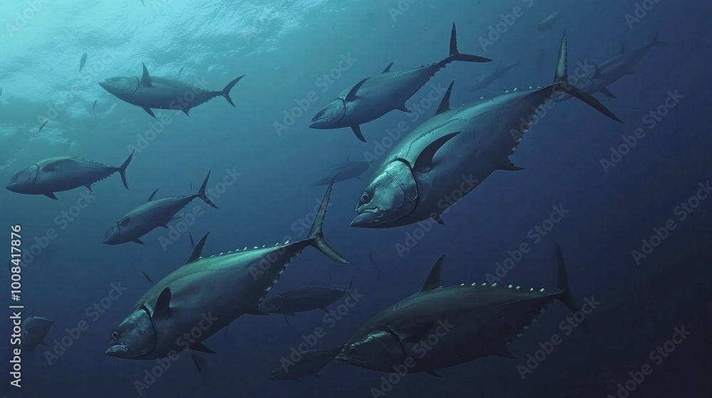 Obraz premium A breathtaking scene of yellowfin tuna swimming in unison underwater highlights the diversity of marine life