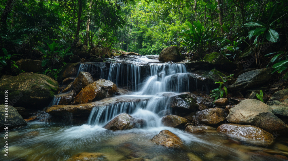 A peaceful waterfall cascades through rocks into the dense forests of Thailand’s national park, capturing the natural beauty and calm of the rainforest A peaceful waterfall cascades through rocks into the dense forests of Thailand’s national park, capturing the natural beauty and calm of the rainforest