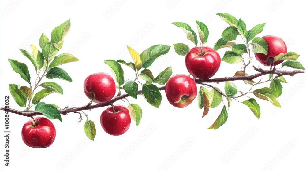 Red apples on a tree branch with vibrant green leaves, contrasting against a white background Red apples on a tree branch with vibrant green leaves, contrasting against a white background