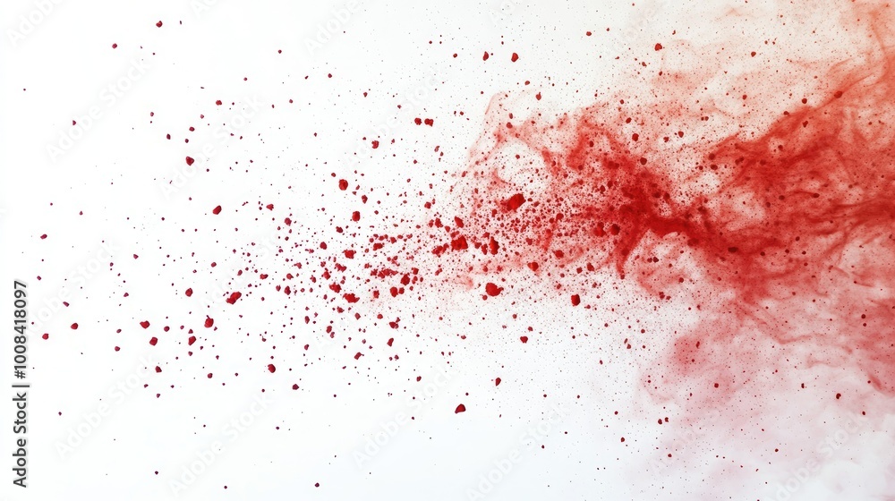 Red particles scattered in the air, merging into a bright, abstract pattern on a white backdrop. Red particles scattered in the air, merging into a bright, abstract pattern on a white backdrop.