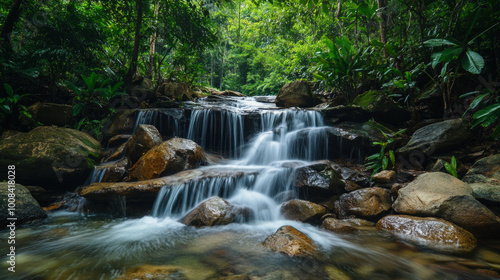 A peaceful waterfall cascades through rocks into the dense forests of Thailand’s national park, capturing the natural beauty and calm of the rainforest