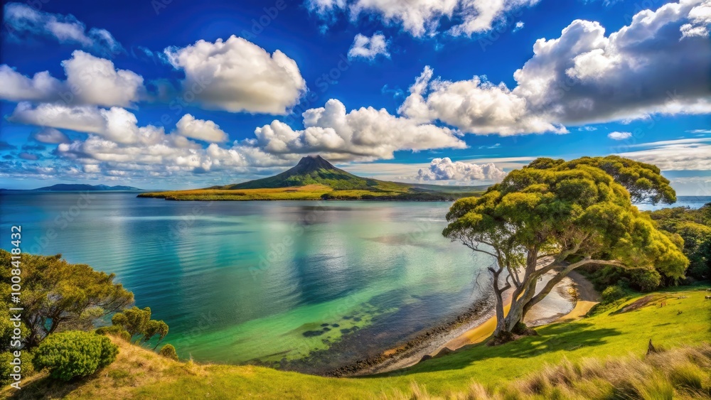 A breathtaking scene of Hauraki Gulf from Motuihe Island, showcasing the stunning volcanic cone of Rangitoto Island, a gem of New Zealand's natural beauty. A breathtaking scene of Hauraki Gulf from Motuihe Island, showcasing the stunning volcanic cone of Rangitoto Island, a gem of New Zealand's natural beauty.
