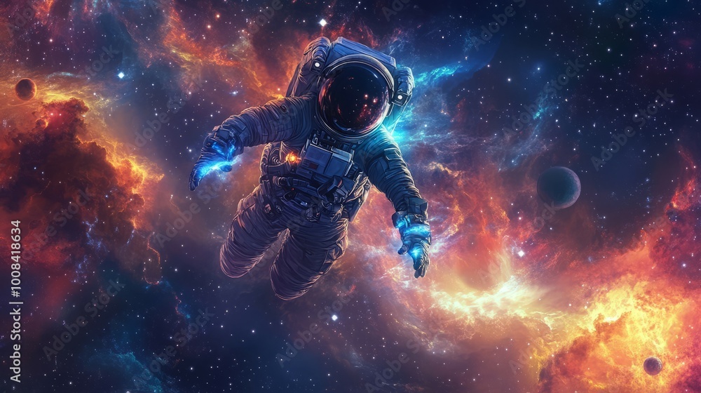 An astronaut floats through space, surrounded by vibrant nebulae. An astronaut floats through space, surrounded by vibrant nebulae.
