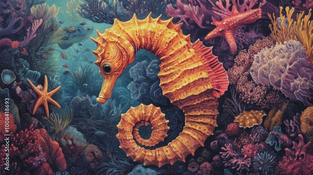 A yellow seahorse swims among vibrant coral reefs and other marine life. A yellow seahorse swims among vibrant coral reefs and other marine life.