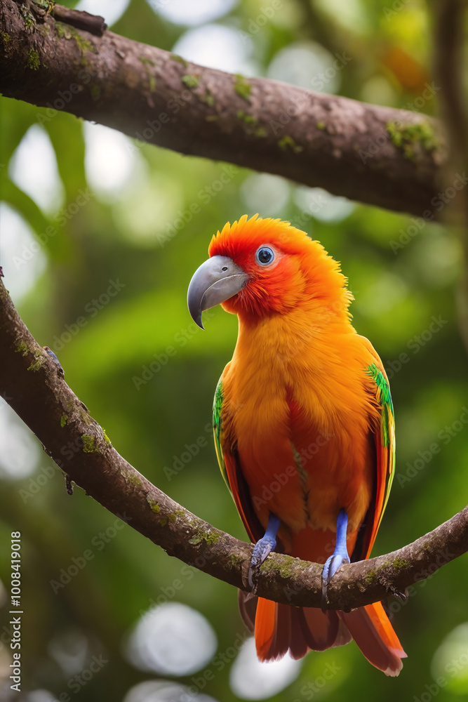 Colorful tropical bird in jungle on a sunny day. Rainforest illustration with bright beautiful birdie among exotic plants with big leaves. Background with pristine nature landscape. Colorful tropical bird in jungle on a sunny day. Rainforest illustration with bright beautiful birdie among exotic plants with big leaves. Background with pristine nature landscape.