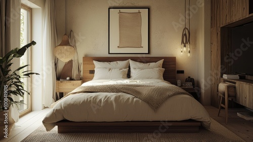 Wallpaper Mural Scandinavian bedroom featuring a neutral palette, warm wood elements, and cozy textures, creating a modern yet welcoming atmosphere Torontodigital.ca