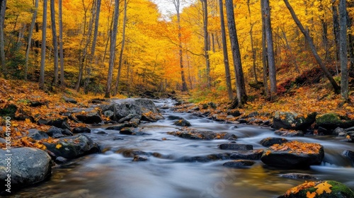 A serene forest stream surrounded by vibrant autumn foliage.