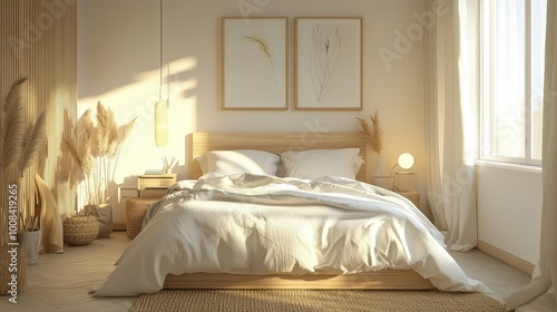 Wallpaper Mural Scandinavian bedroom with a Hygge aesthetic, light wood furniture, and white linens, enhanced by soft lighting and simple decor elements Torontodigital.ca