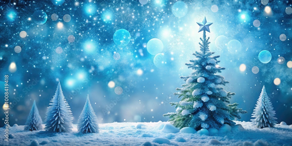 Naklejka premium A captivating blue snow-covered backdrop features enchanting winter wonderland elements, radiating festive holiday spirit and charm, perfect for capturing the magic of the season.